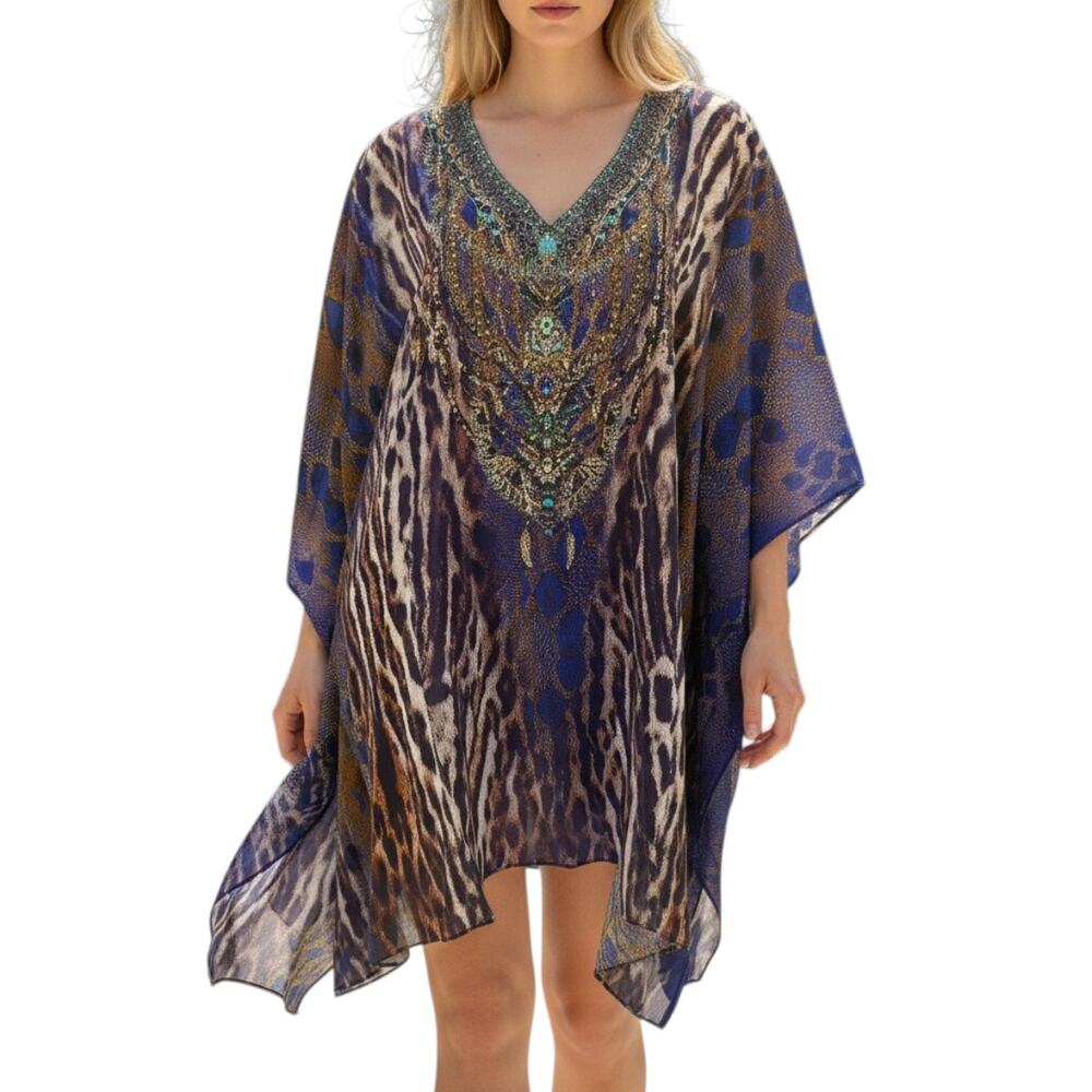 Camilla Silk Animal Print V-Neck Short Kaftan Dress Multicolor One Size